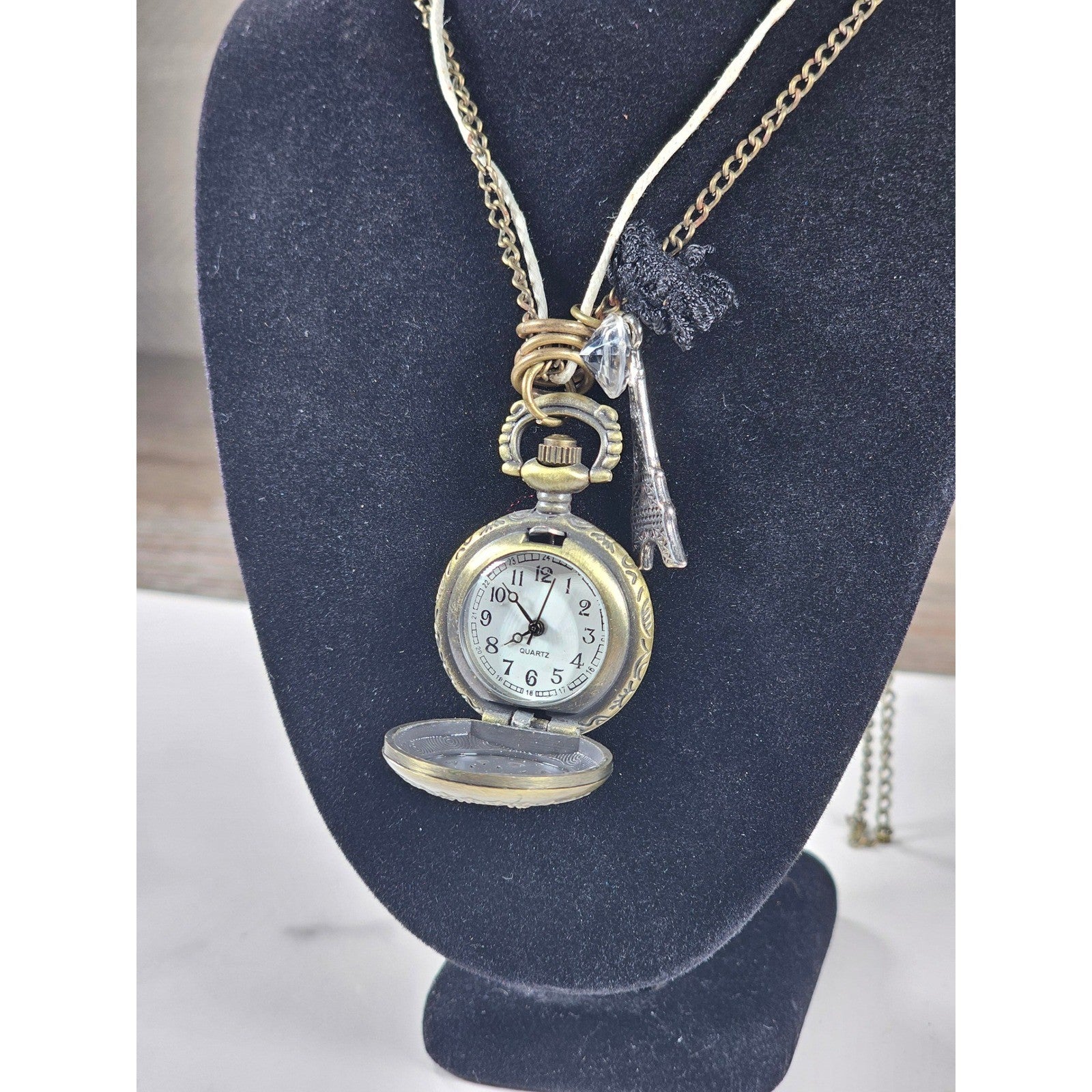 Vintage Pocket Watch Necklace Eiffel Tower Charm Long Chain