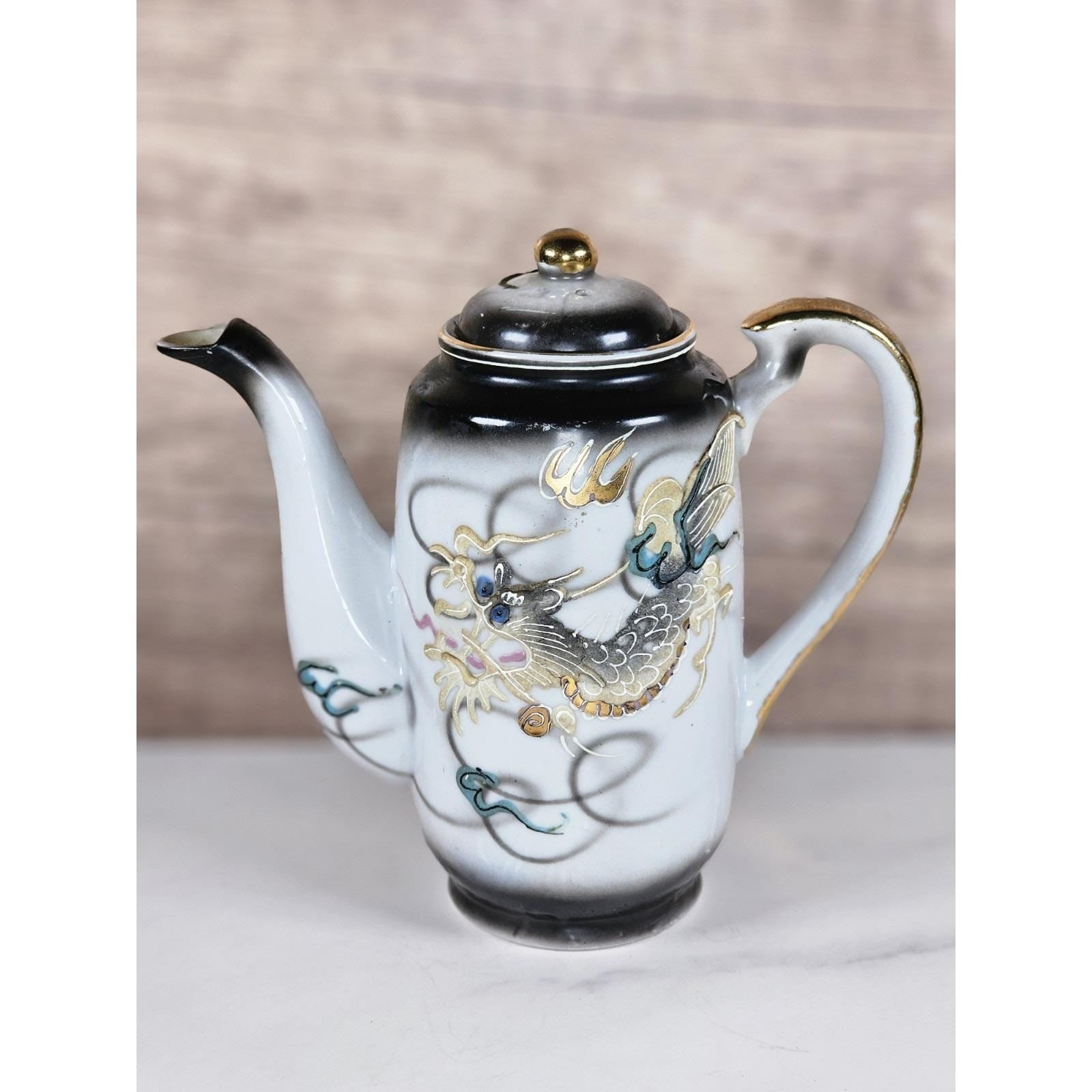 Vintage Japanese Dragon Ware Moriage Tea Coffee Pot Kutani Style Gold Accents