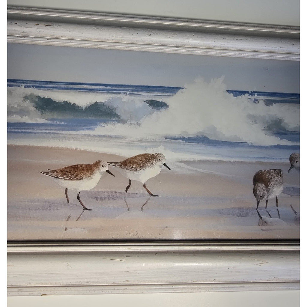Signed Coastal Shorebirds Artwork With Lighthouse Framed Nautical Wall Art