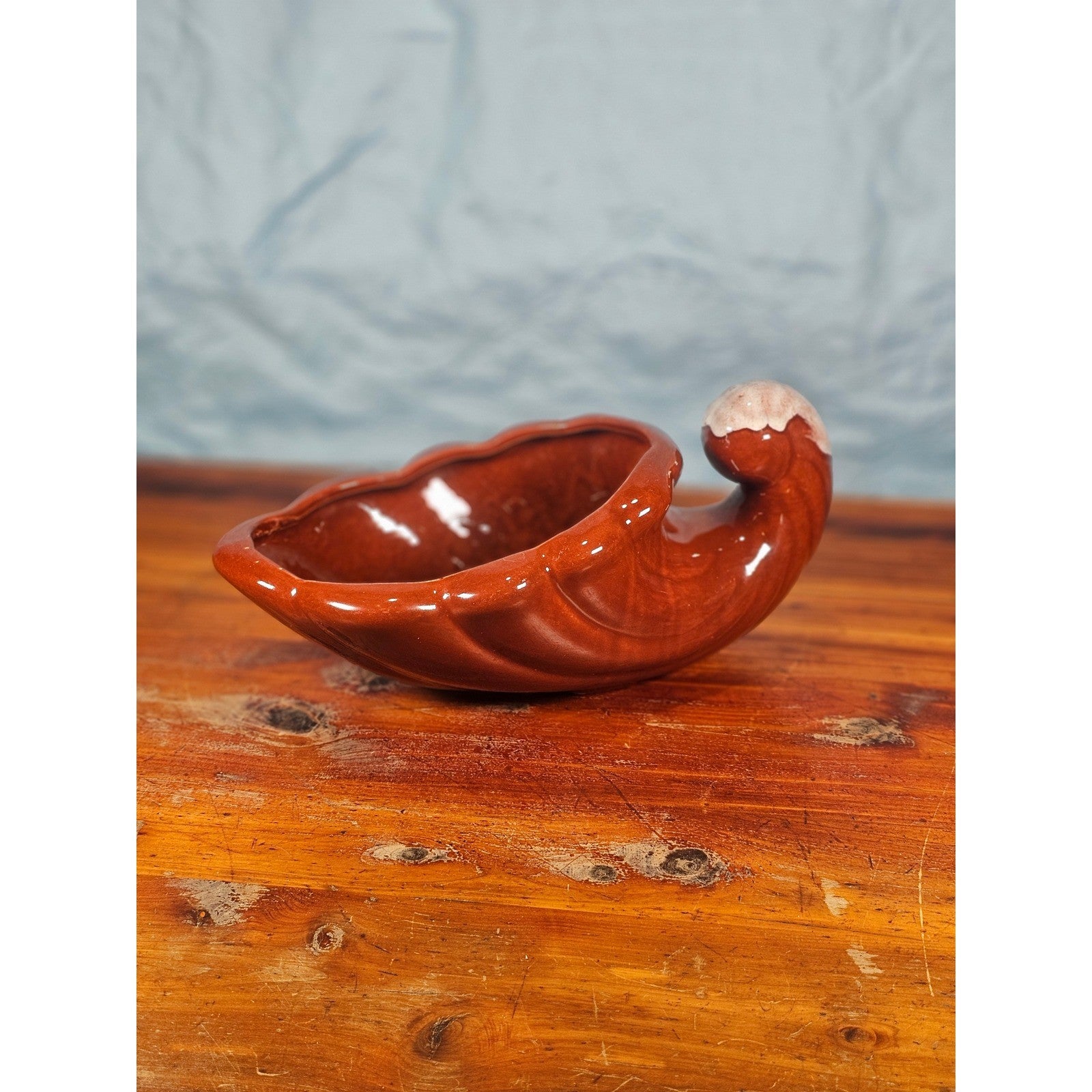 Vintage Ceramic Cornucopia Bowl Brown & White Art Pottery Mid Century Decor