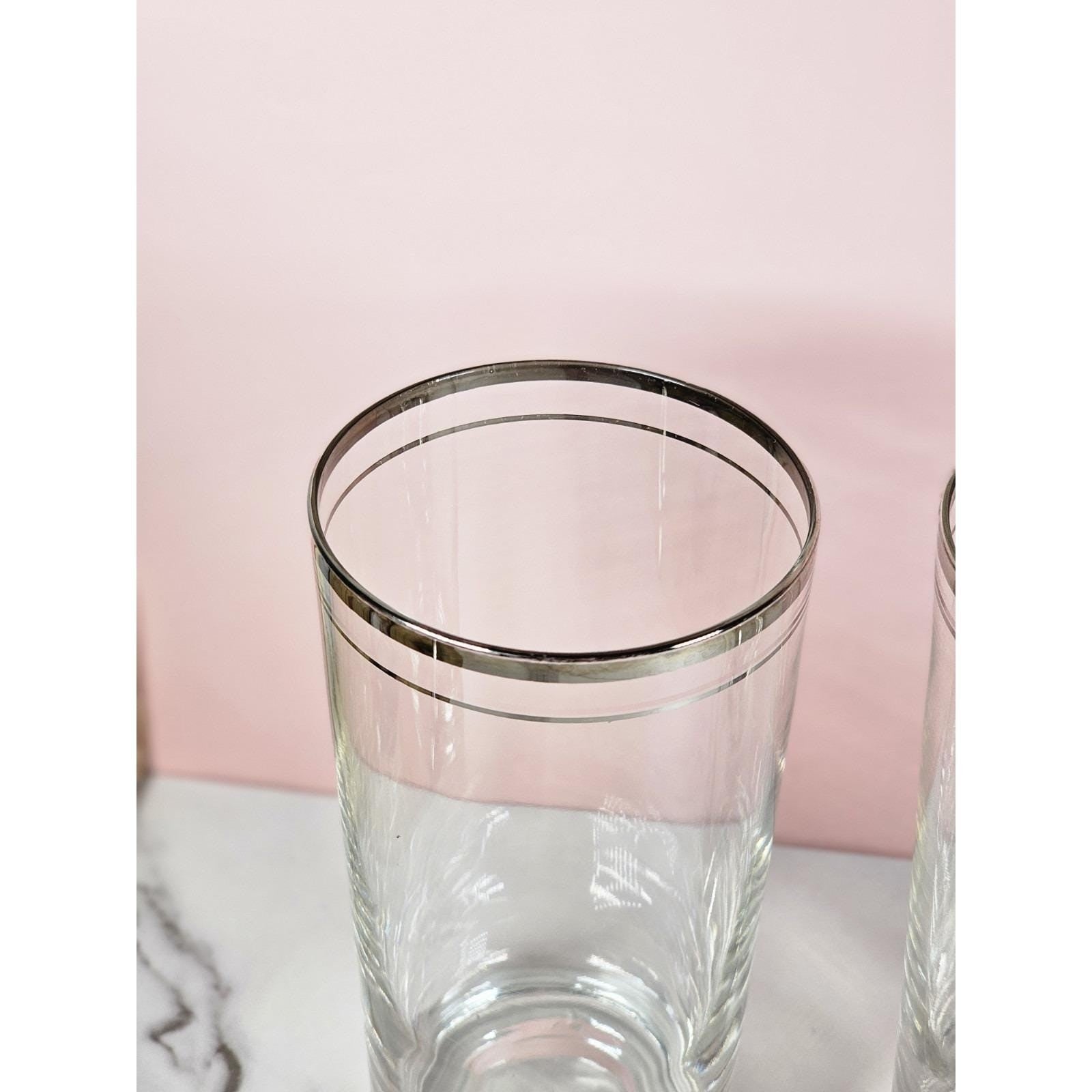 Vintage Mid Century Highball Glasses Set of 3 Silver Rim Barware