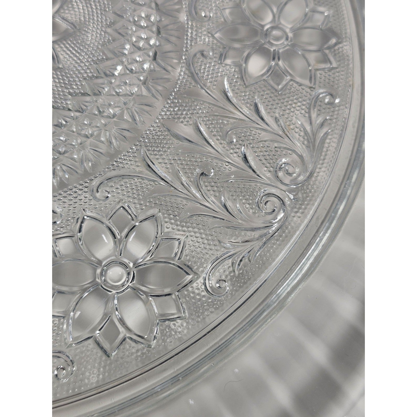 Vintage Pressed Glass Floral Cake Stand Round Serving Tray 13 Inch