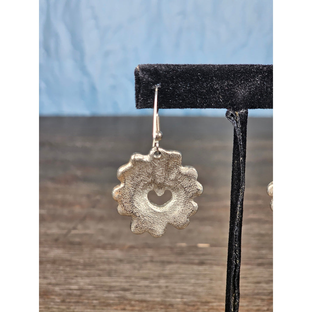 Textured Silver-Tone Floral Heart Dangle Earrings Vintage Style