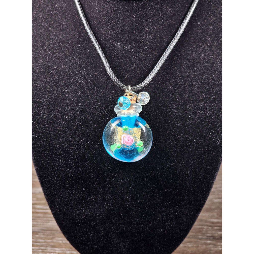 Glass Bottle Pendant Necklace Blue Floral Cork Vial Charm Necklace