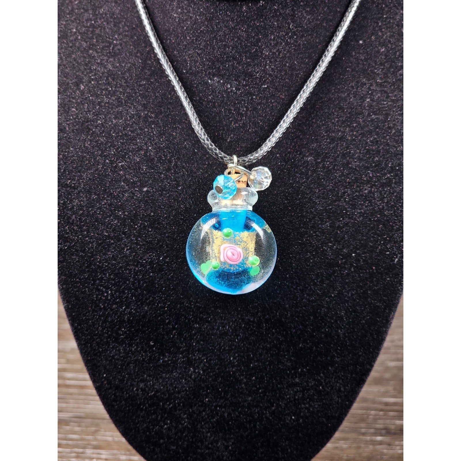 Glass Bottle Pendant Necklace Blue Floral Cork Vial Charm Necklace