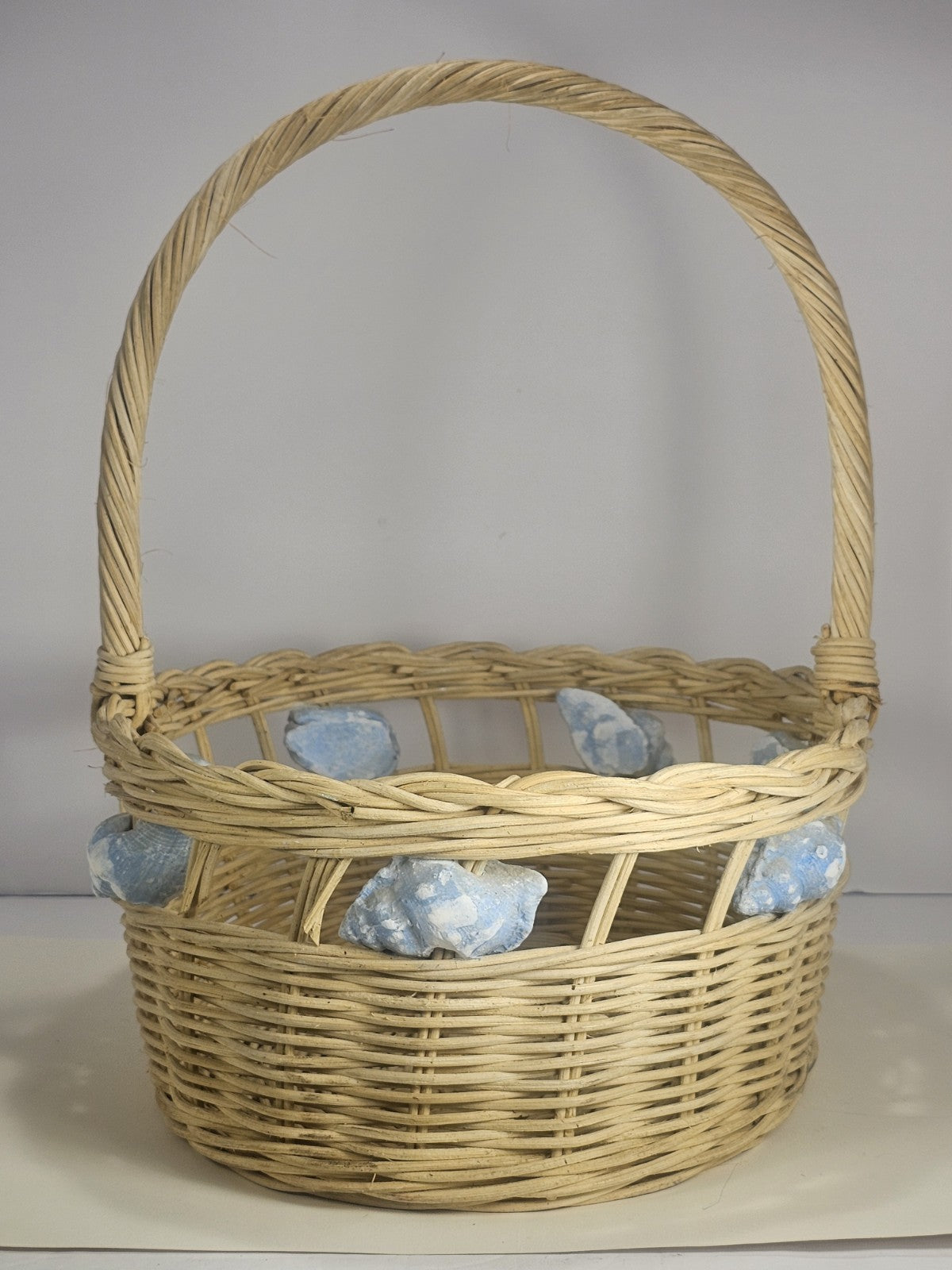 Vintage Wicker Basket with Blue Painted Conch Shells 13″ x 15″ Coastal Rustic