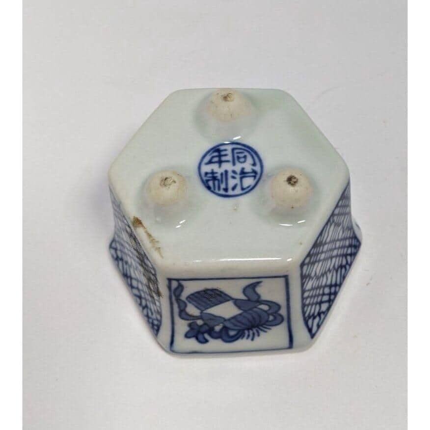Vintage Japanese Porcelain Hexagon Pot Blue White Small Planter