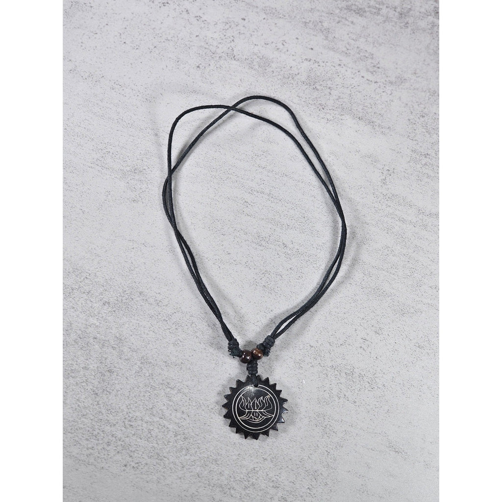 Vintage Carved Black Pendant Necklace Sunburst Lotus Design