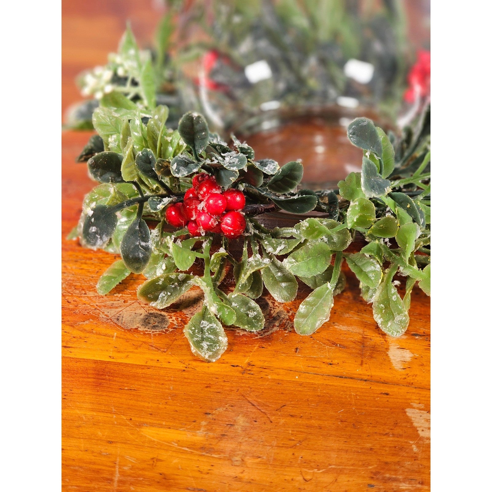 Glass Hurricane Candle Holder with Faux Greenery Ring, 6" Tall Table Decor