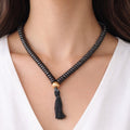 Vintage Black Beaded Tassel Necklace Boho Wood Accent Pendant