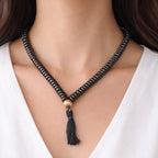Vintage Black Beaded Tassel Necklace Boho Wood Accent Pendant