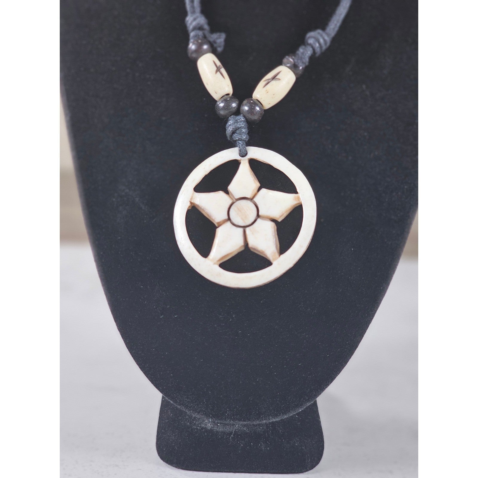 Vintage Carved Floral Pendant Necklace Black Cord Boho Statement