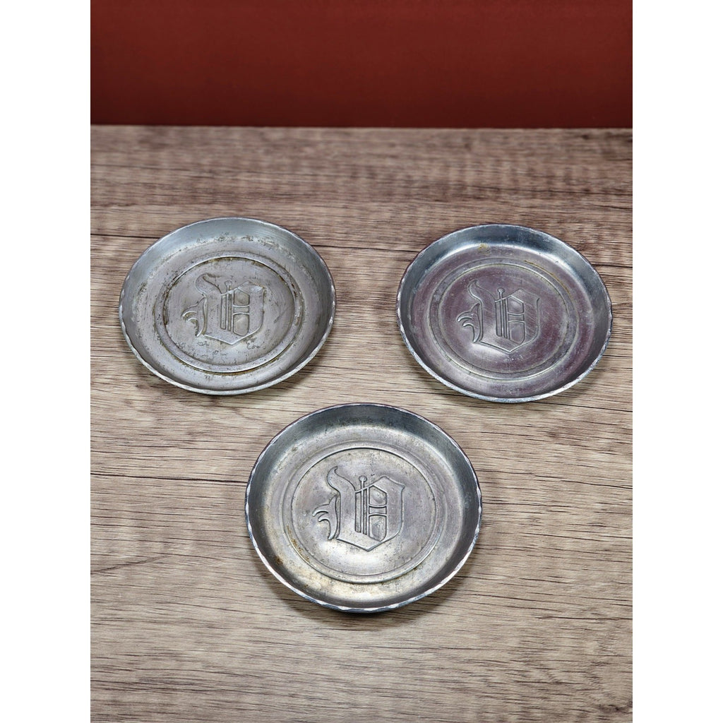 Vintage Aluminum Coaster Set of 3 Embossed D Monogram 3 3/8 Inch