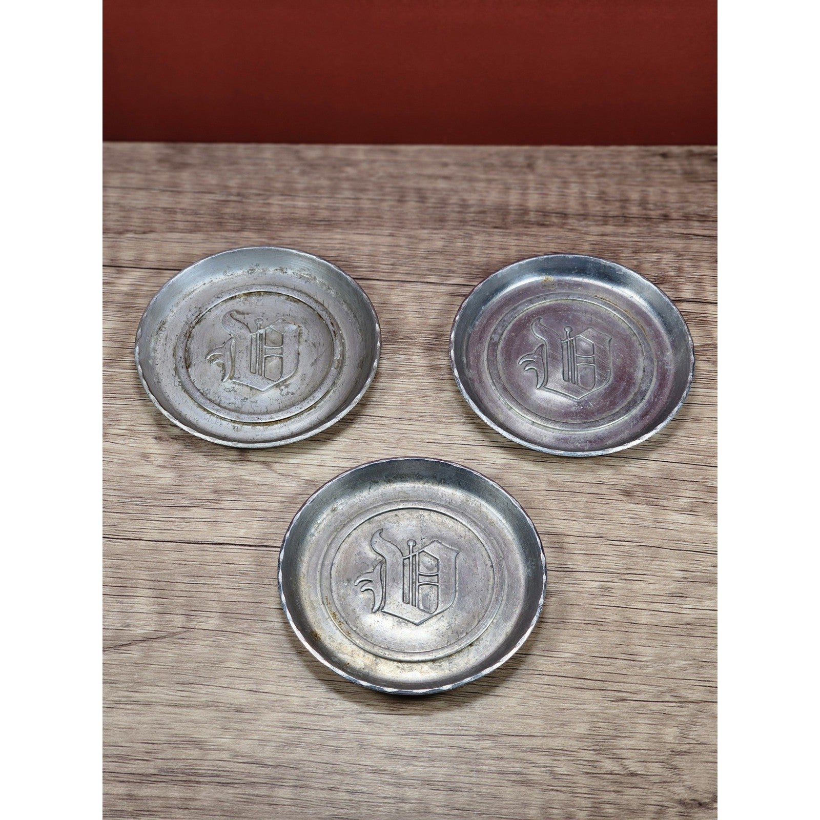 Vintage Aluminum Coaster Set of 3 Embossed D Monogram 3 3/8 Inch