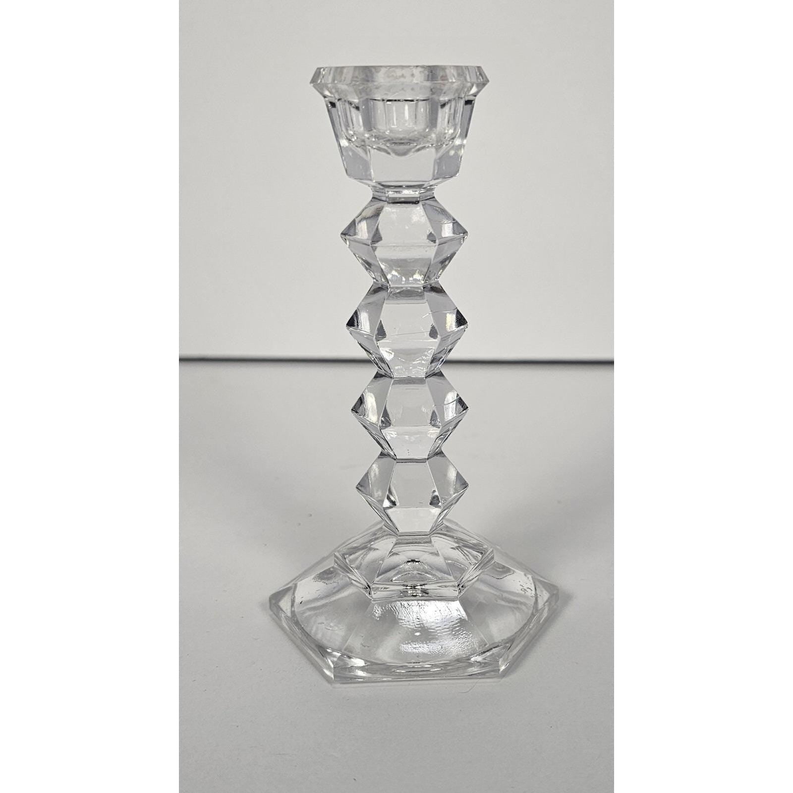 Vintage Faceted Crystal Candlestick Holder Hexagonal Base 5 Inch