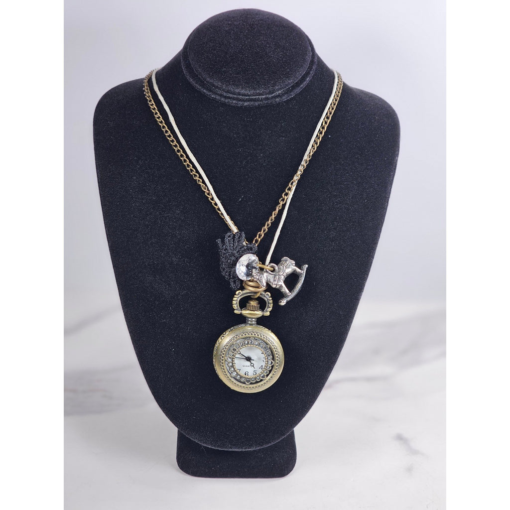 Vintage Pocket Watch Necklace Long Chain Eiffel Tower Charm Quartz