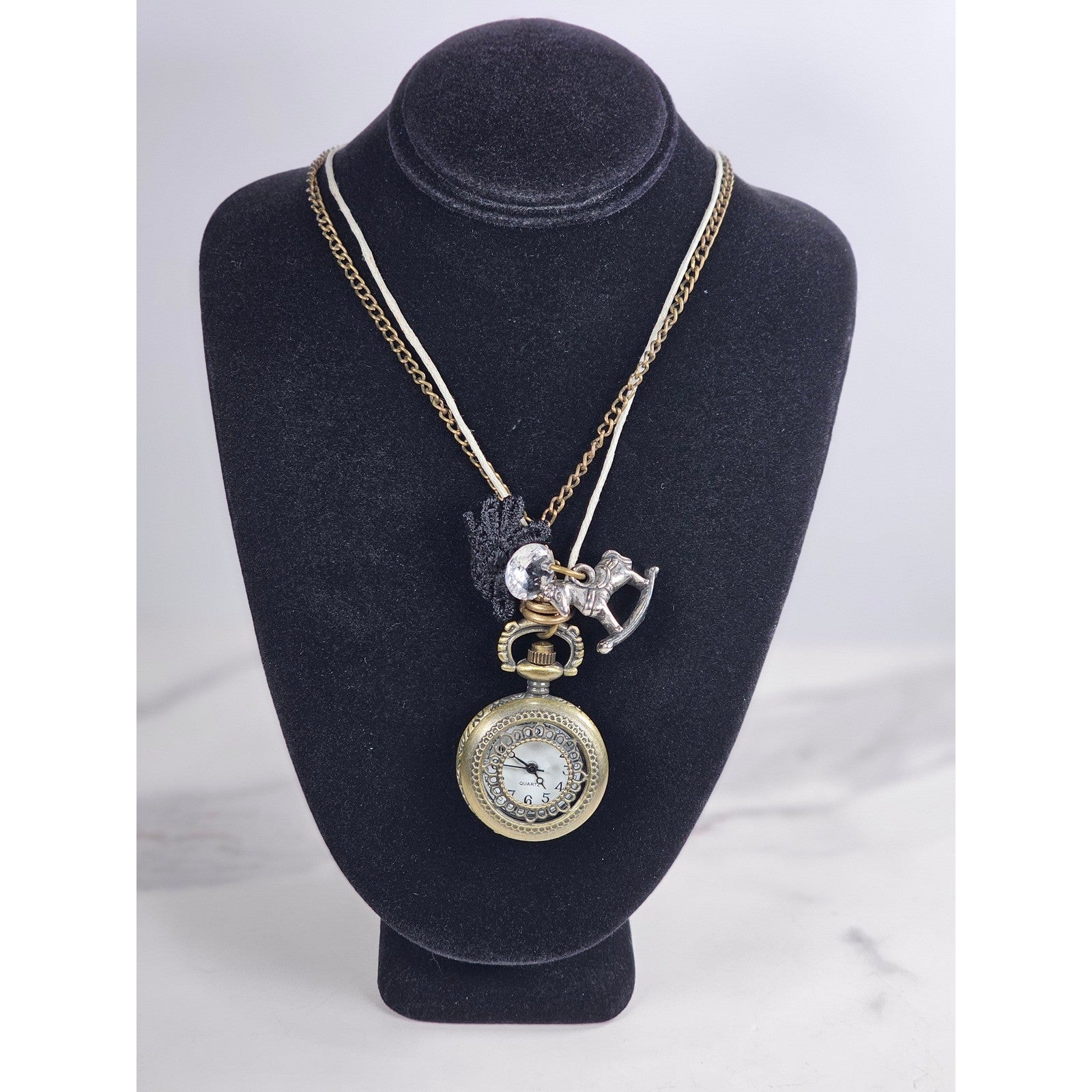 Vintage Pocket Watch Necklace Long Chain Eiffel Tower Charm Quartz