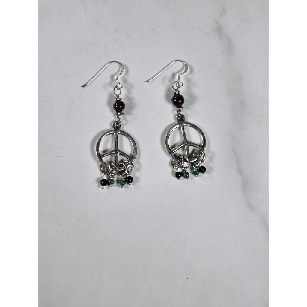 Vintage Peace Sign Dangle Earrings Garnet Bead Accent
