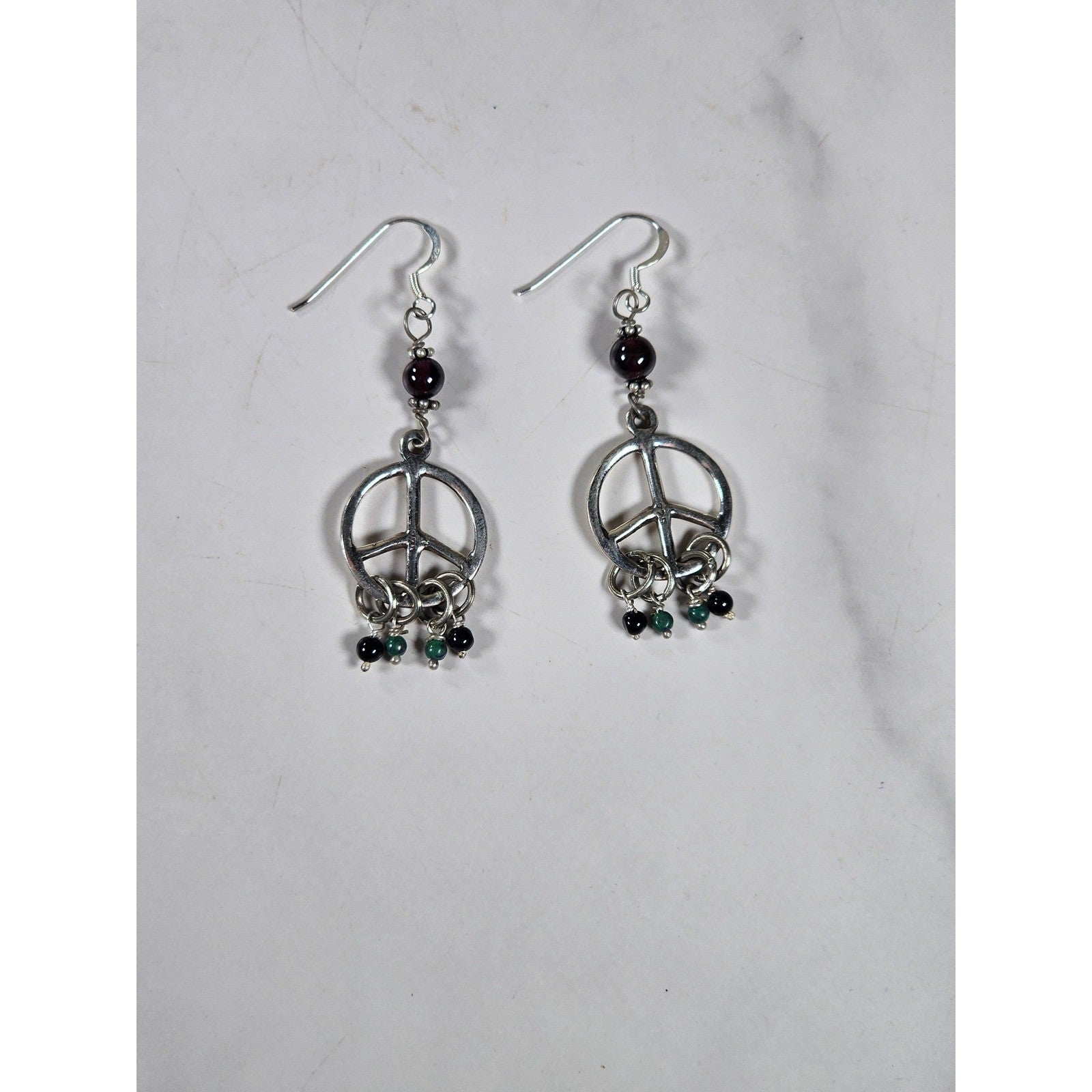 Vintage Peace Sign Dangle Earrings Garnet Bead Accent