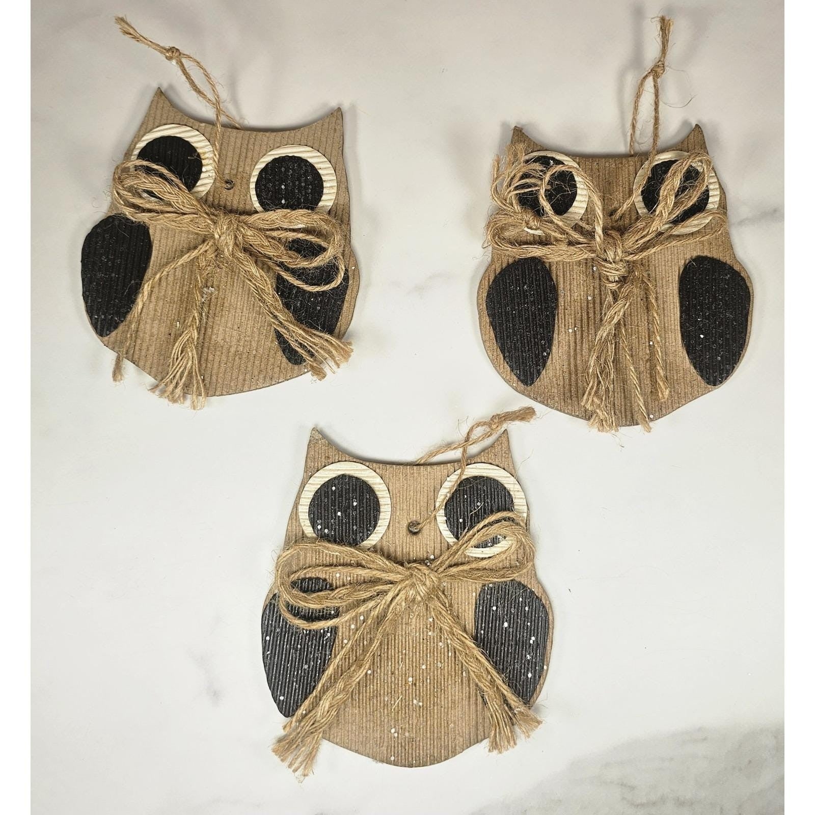 Set of 3 Woodland Owl Christmas Ornaments Rustic Cardboard Holiday Decor