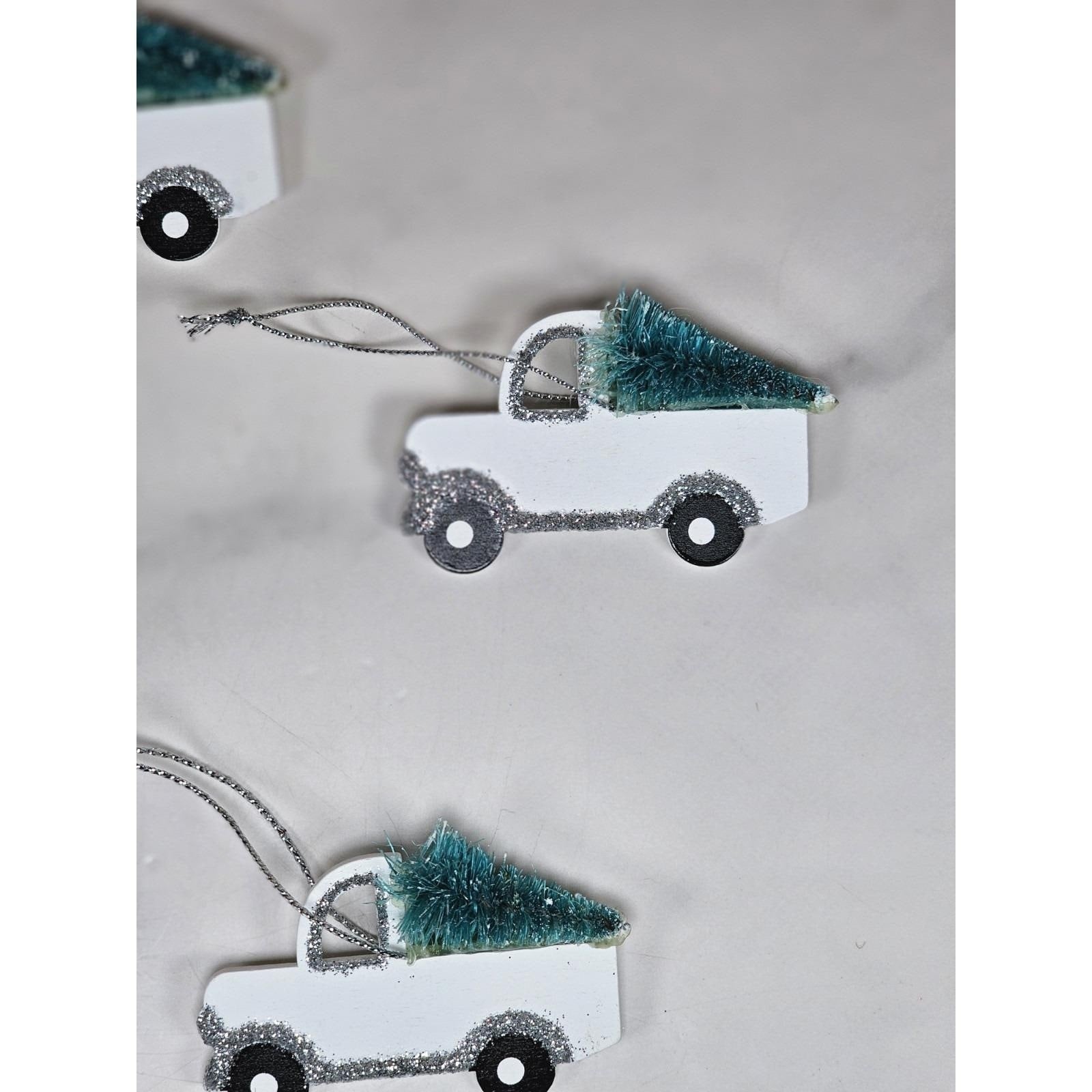 Set of 5 White Pickup Truck Christmas Ornaments with Tree Glitter Holiday Decor