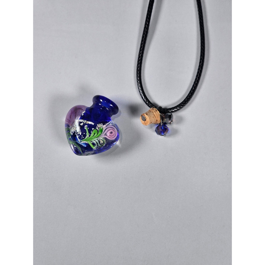 Vintage Glass Heart Vial Necklace Blue Hand Blown Art Glass Pendant