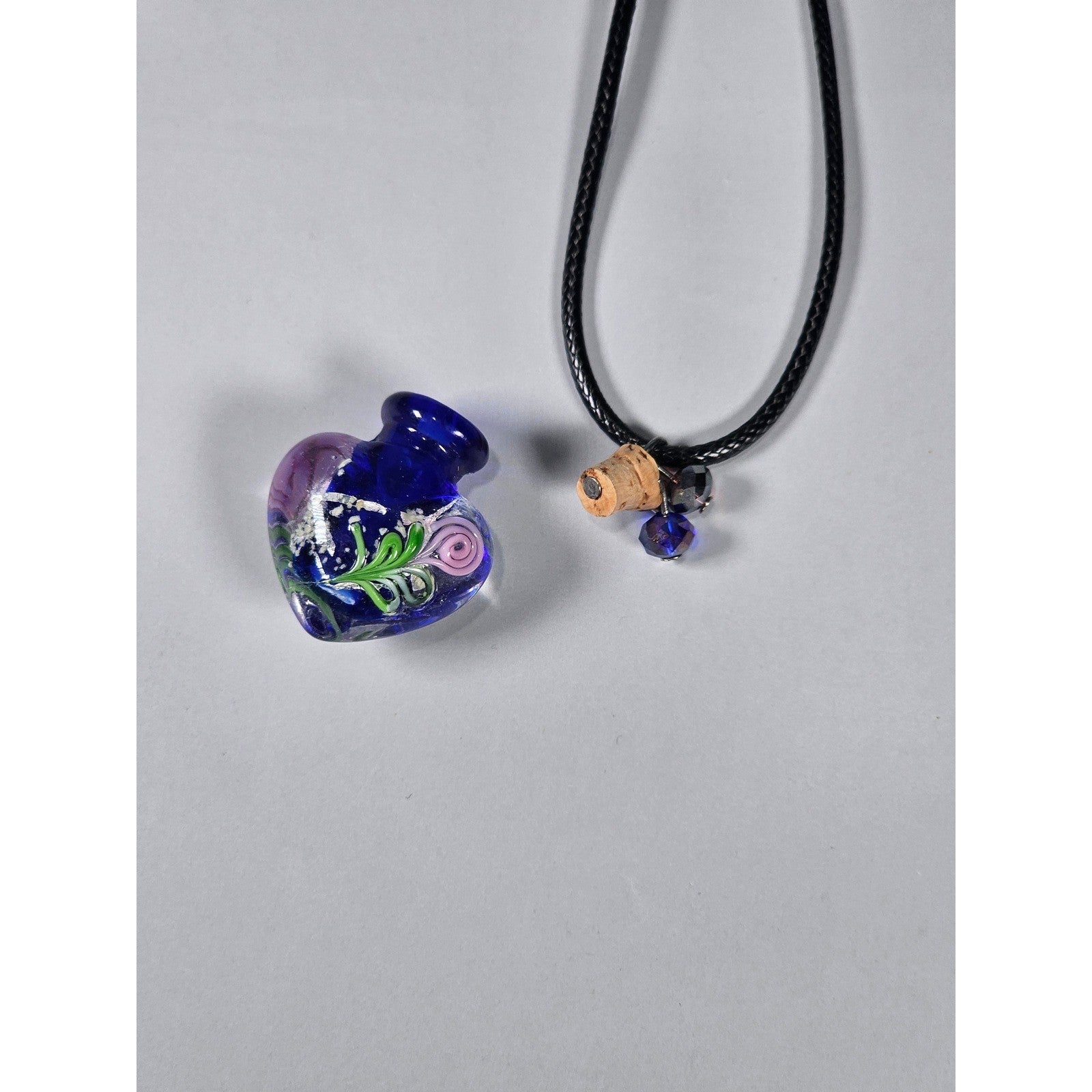Vintage Glass Heart Vial Necklace Blue Hand Blown Art Glass Pendant