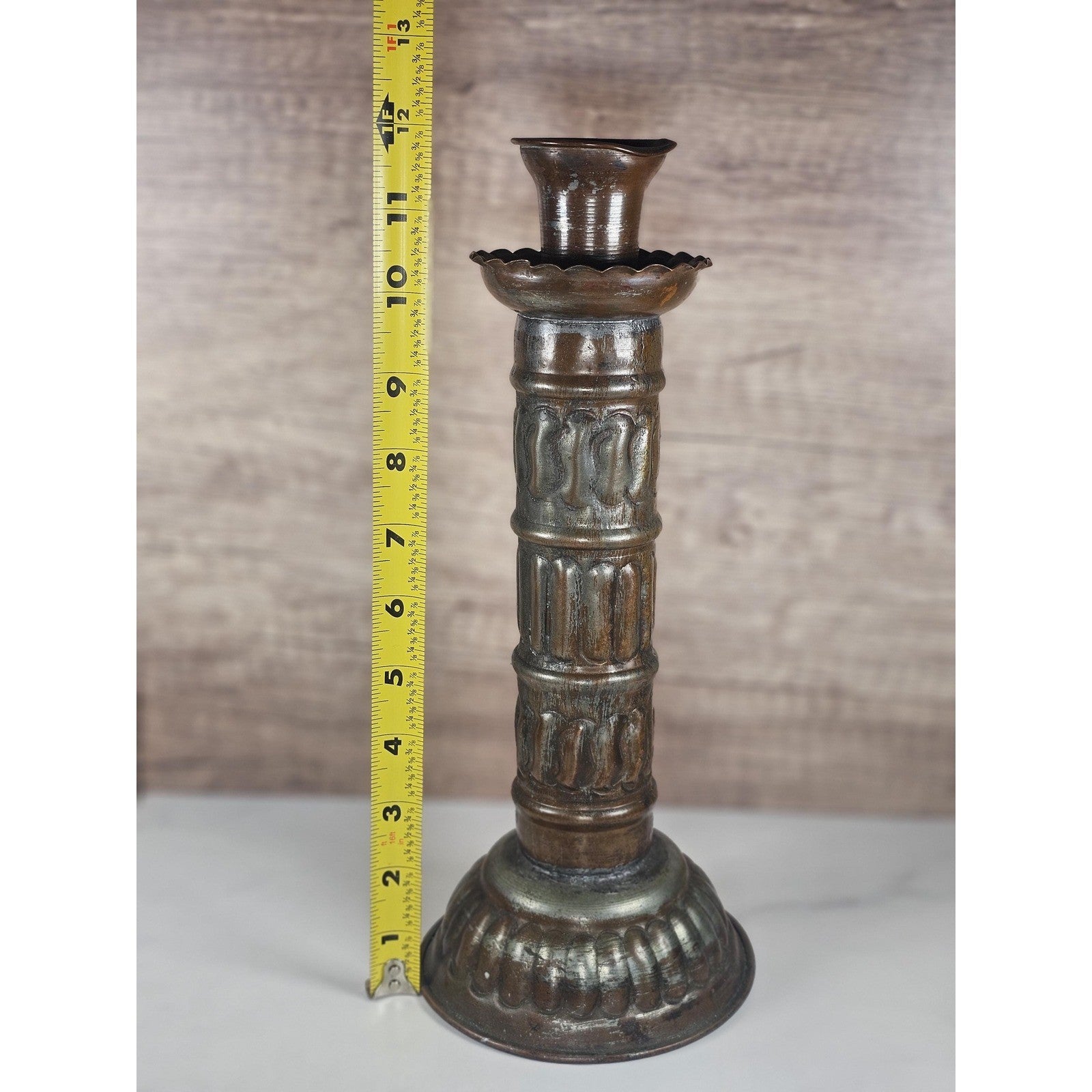 Antique Tinned Copper Candlestick Holder 12" Embossed Design