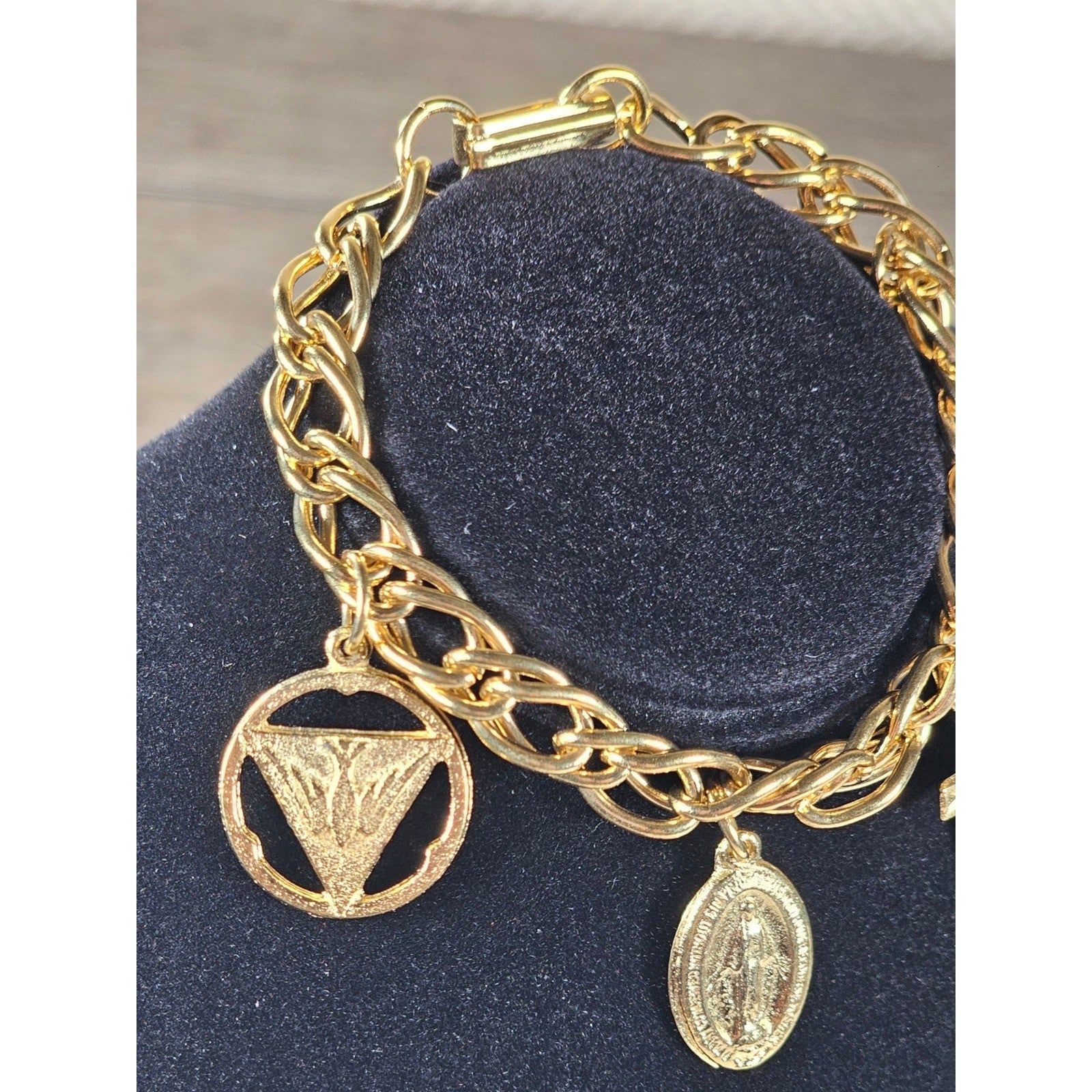 Vintage Gold Tone Religious Charm Bracelet Cross Medal Coin