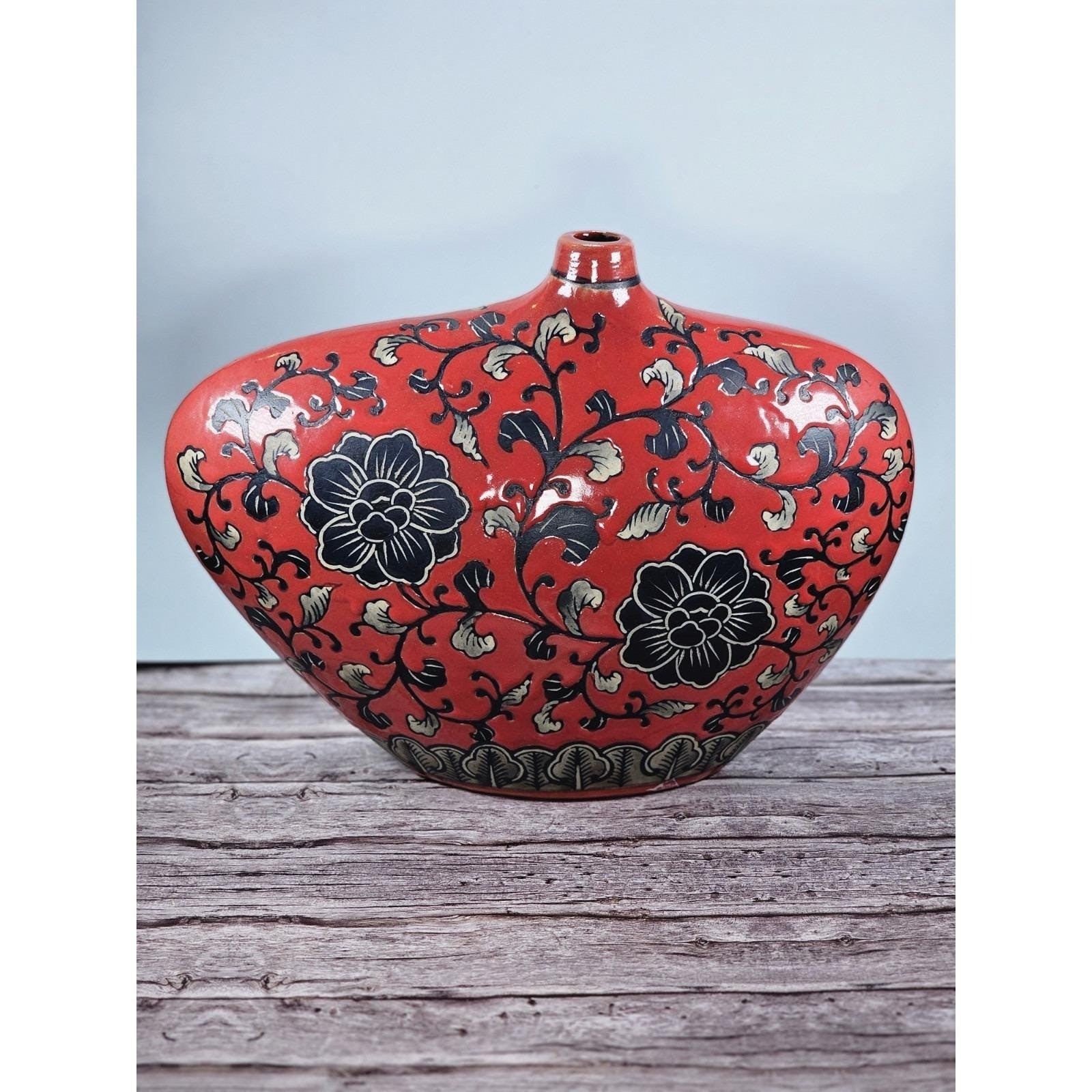 Vintage Persian Style Red Lotus Vase Abstract Floral Decorative Art Vase