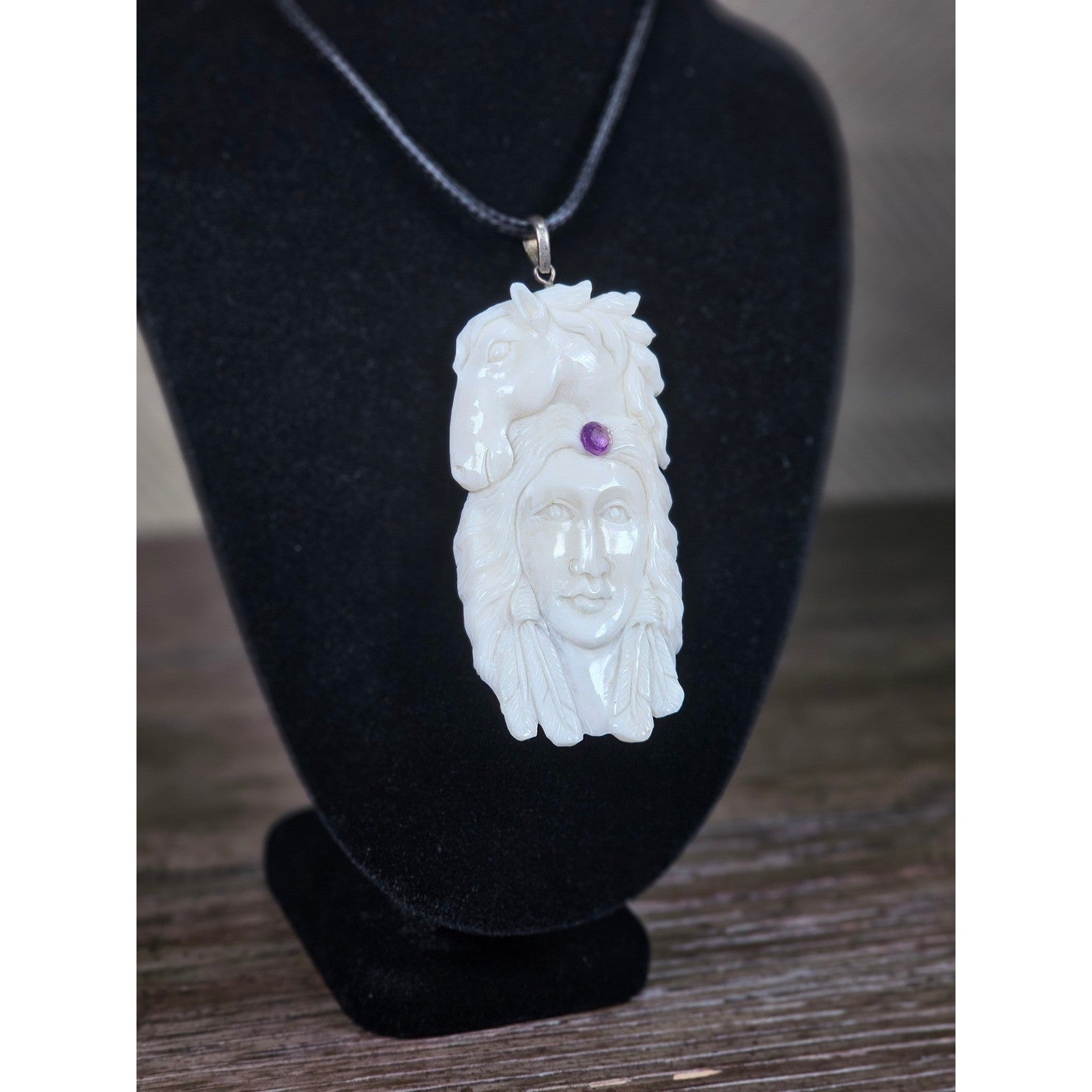 Vintage Buffalo Bone Carved Horse & Native American Figure Pendant Necklace