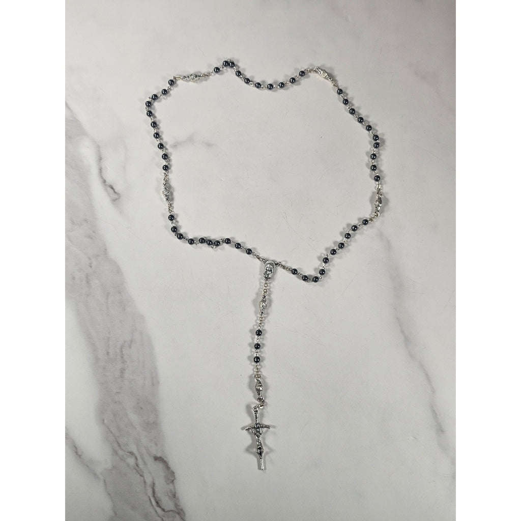 Vintage Black Bead Rosary Necklace Silver Tone Crucifix Catholic