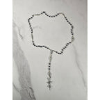 Vintage Black Bead Rosary Necklace Silver Tone Crucifix Catholic