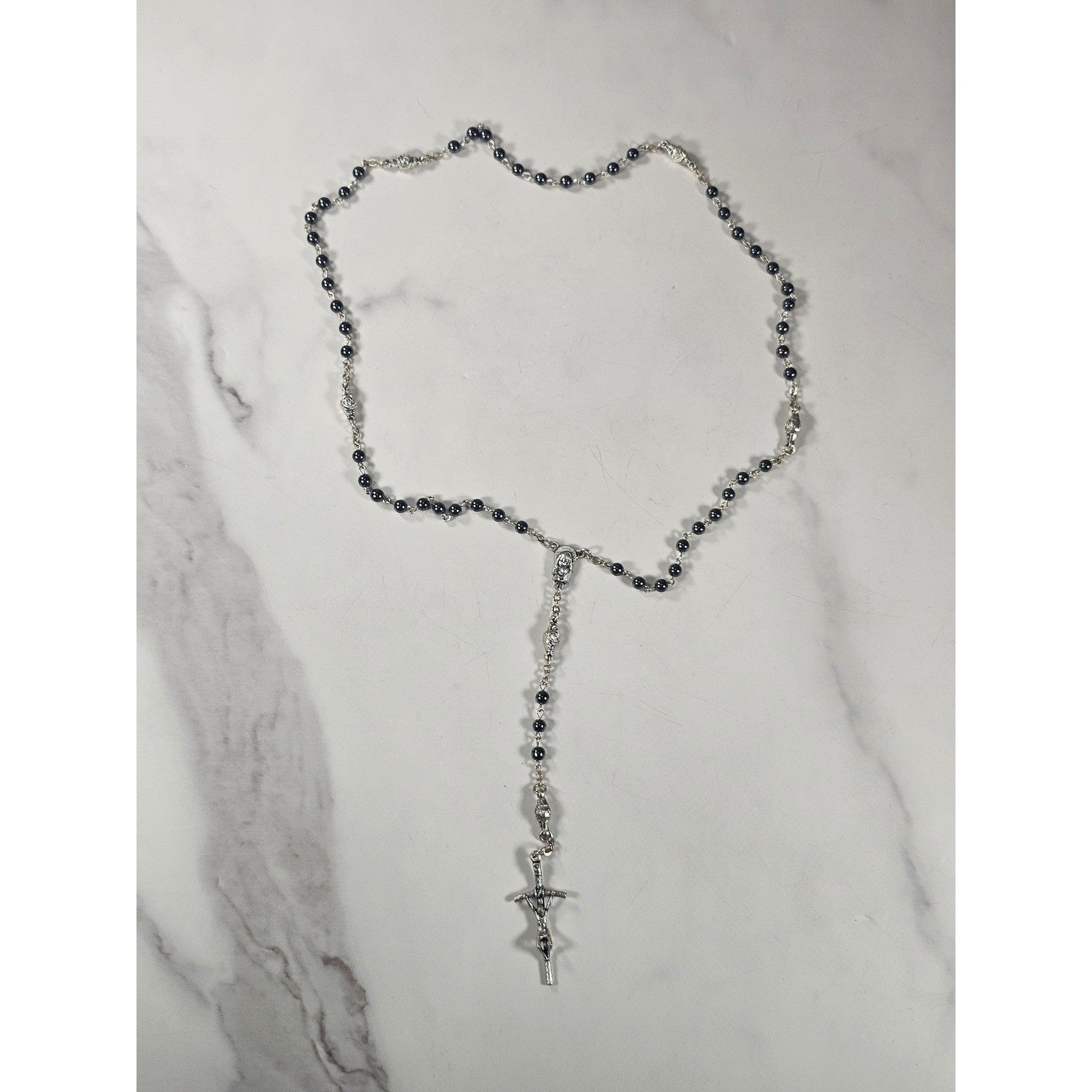 Vintage Black Bead Rosary Necklace Silver Tone Crucifix Catholic
