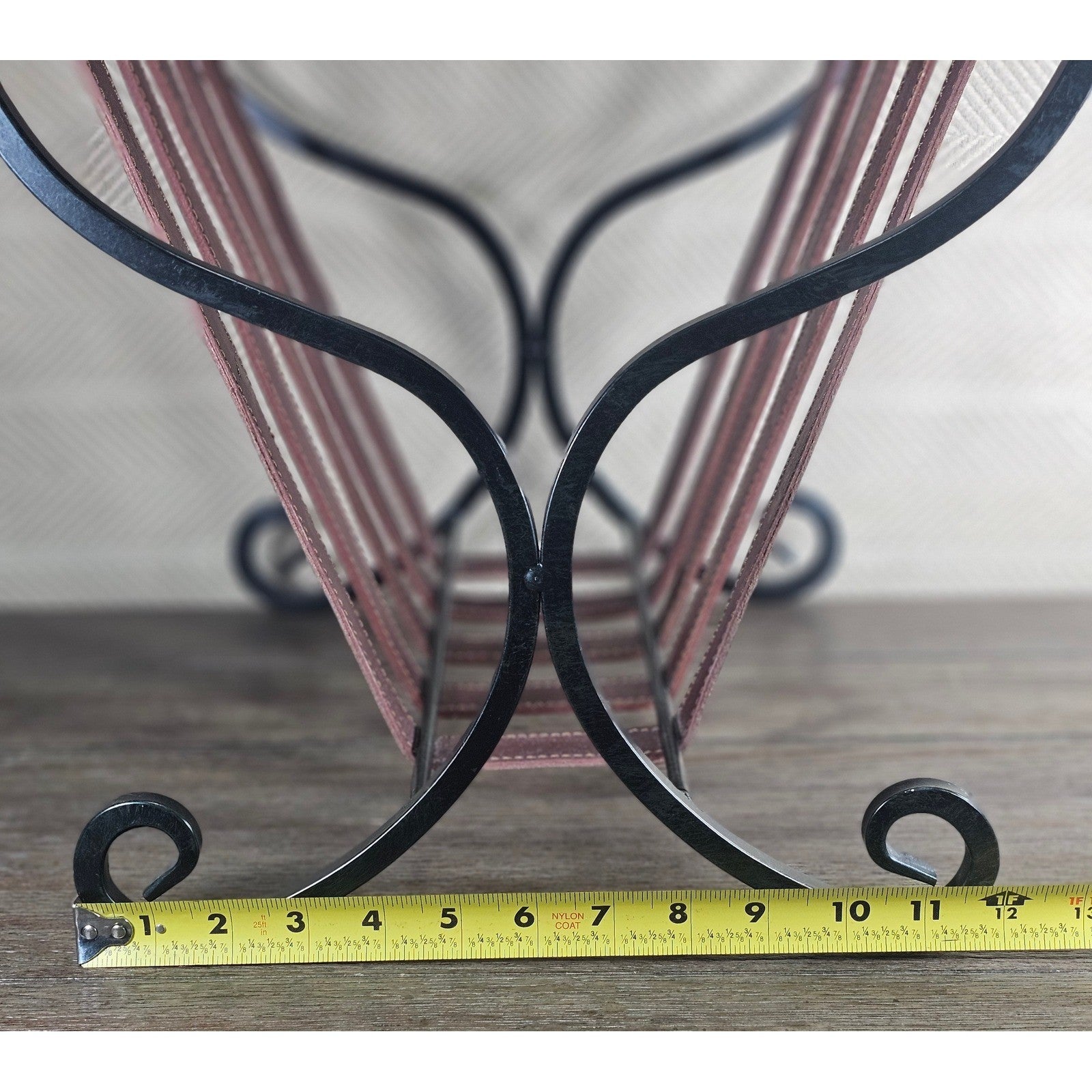 Vintage Iron & Leather Magazine Rack 16" Tall Rustic Book Holder