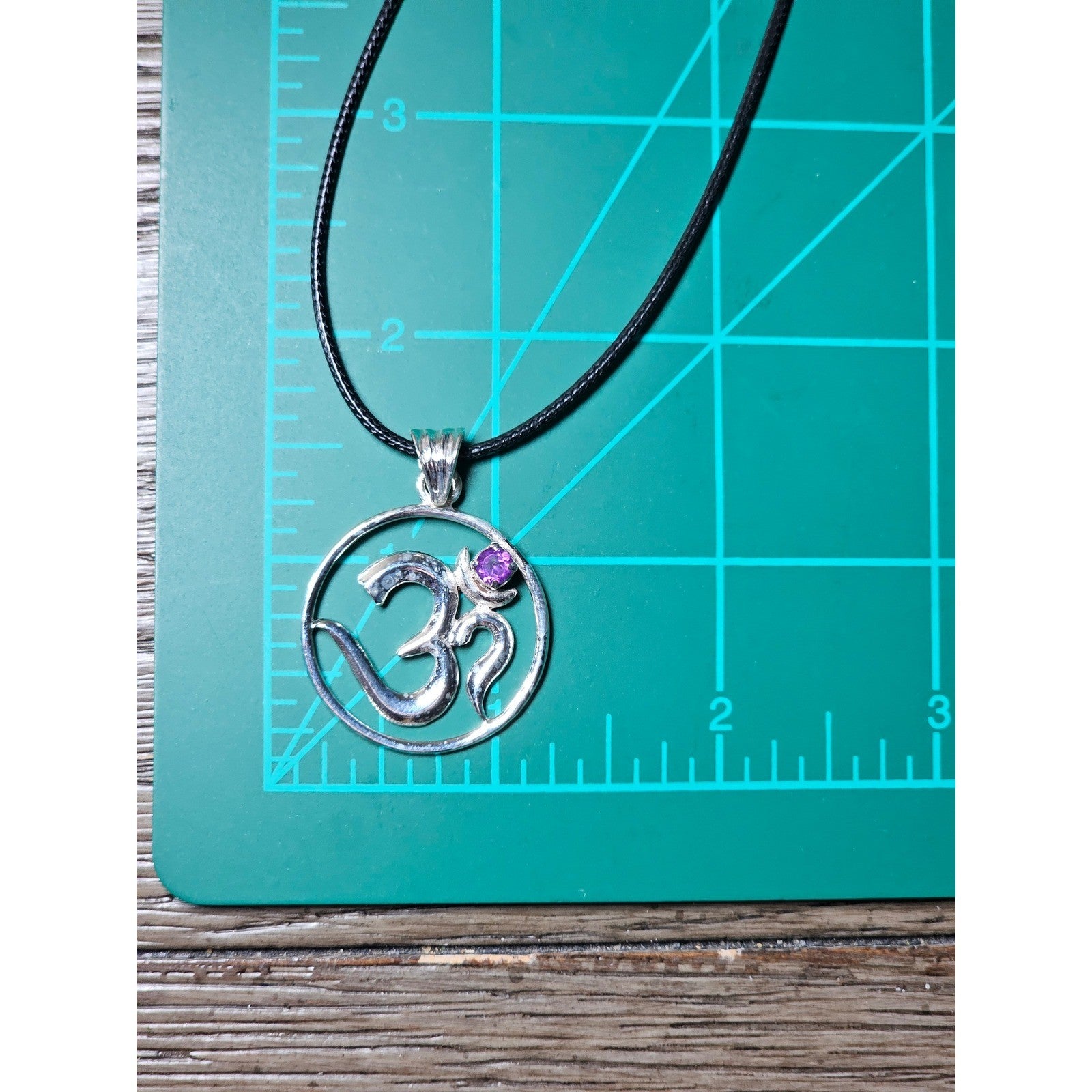 Vintage Sterling Silver Om Pendant with Purple Stone Necklace