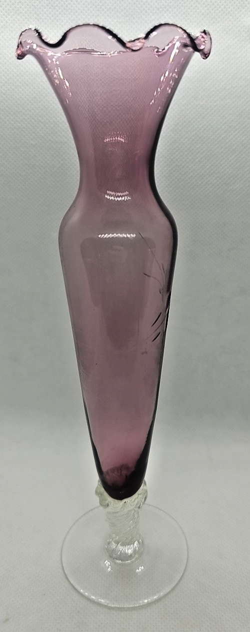 Amethyst Purple Etched Flower Bud Vase • Hand-Blown Glass • Ruffled Edge • 8″