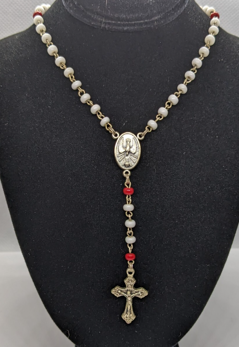 White and Red Beaded Childrens Rosary