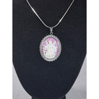 Vintage Angel Cameo Pendant Necklace Pink Relief Silver Tone Oval