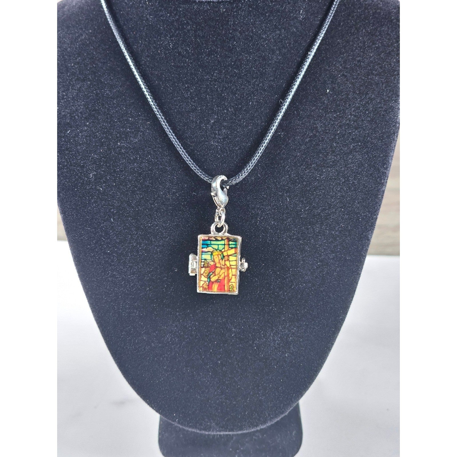 Vintage Stained Glass Locket Necklace Religious Pendant Charm