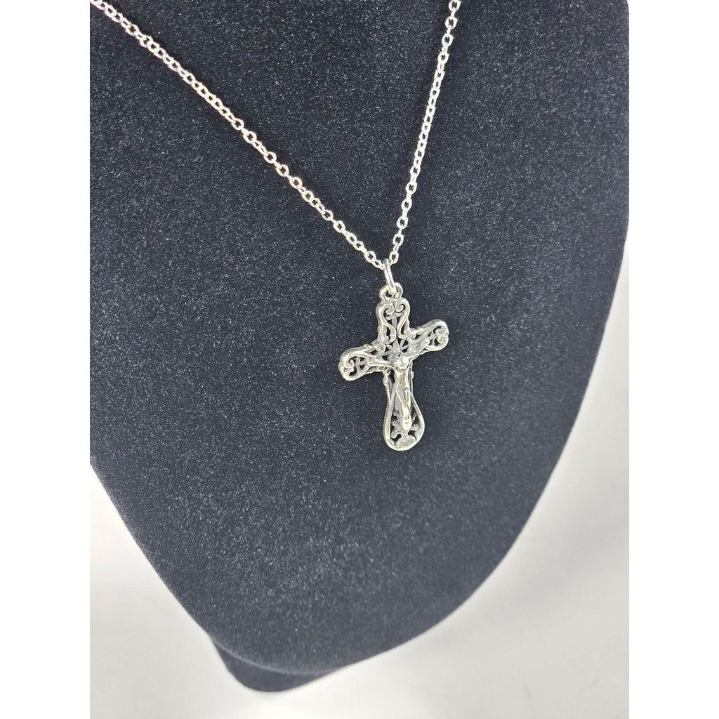 Vintage Silver Tone Filigree Crucifix Necklace Christian Cross