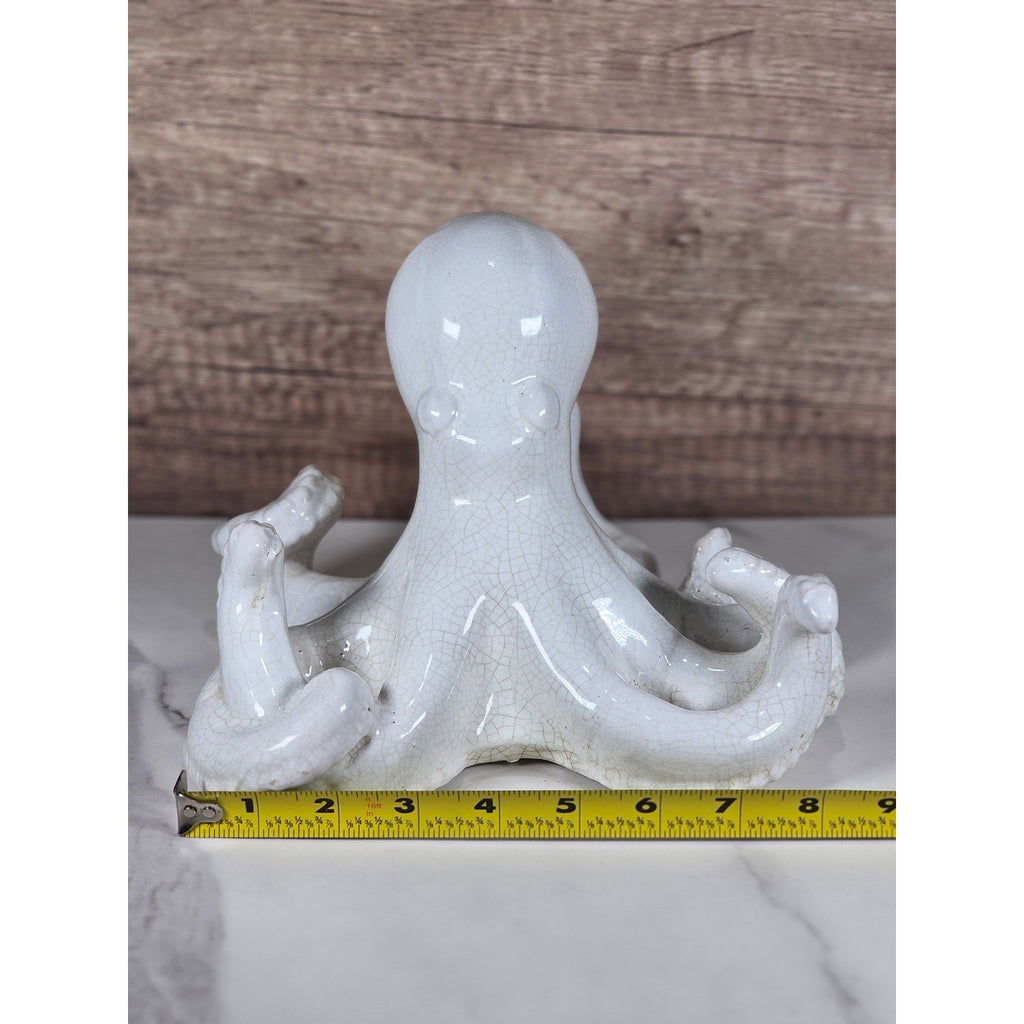 White Crackle Glaze Ceramic Octopus Figurine Nautical Coastal Home Decor Accent