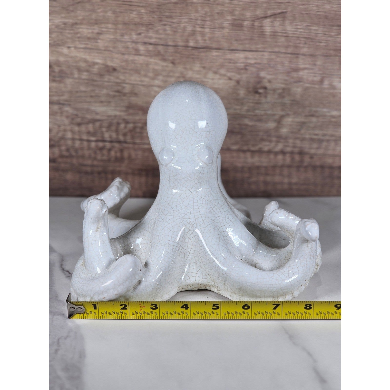 White Crackle Glaze Ceramic Octopus Figurine Nautical Coastal Home Decor Accent