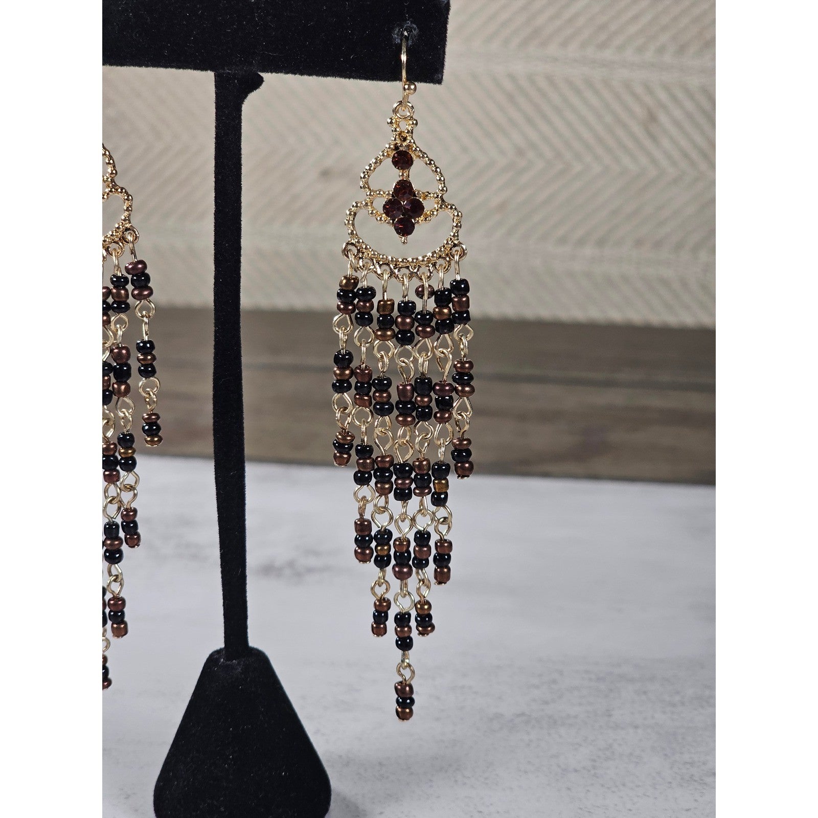 Vintage Gold Tone Beaded Chandelier Earrings Brown Black Dangle