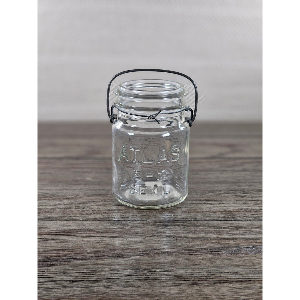Vintage Atlas E-Z Seal Glass Jar Wire Bail Lid 5x3 Clear Embossed