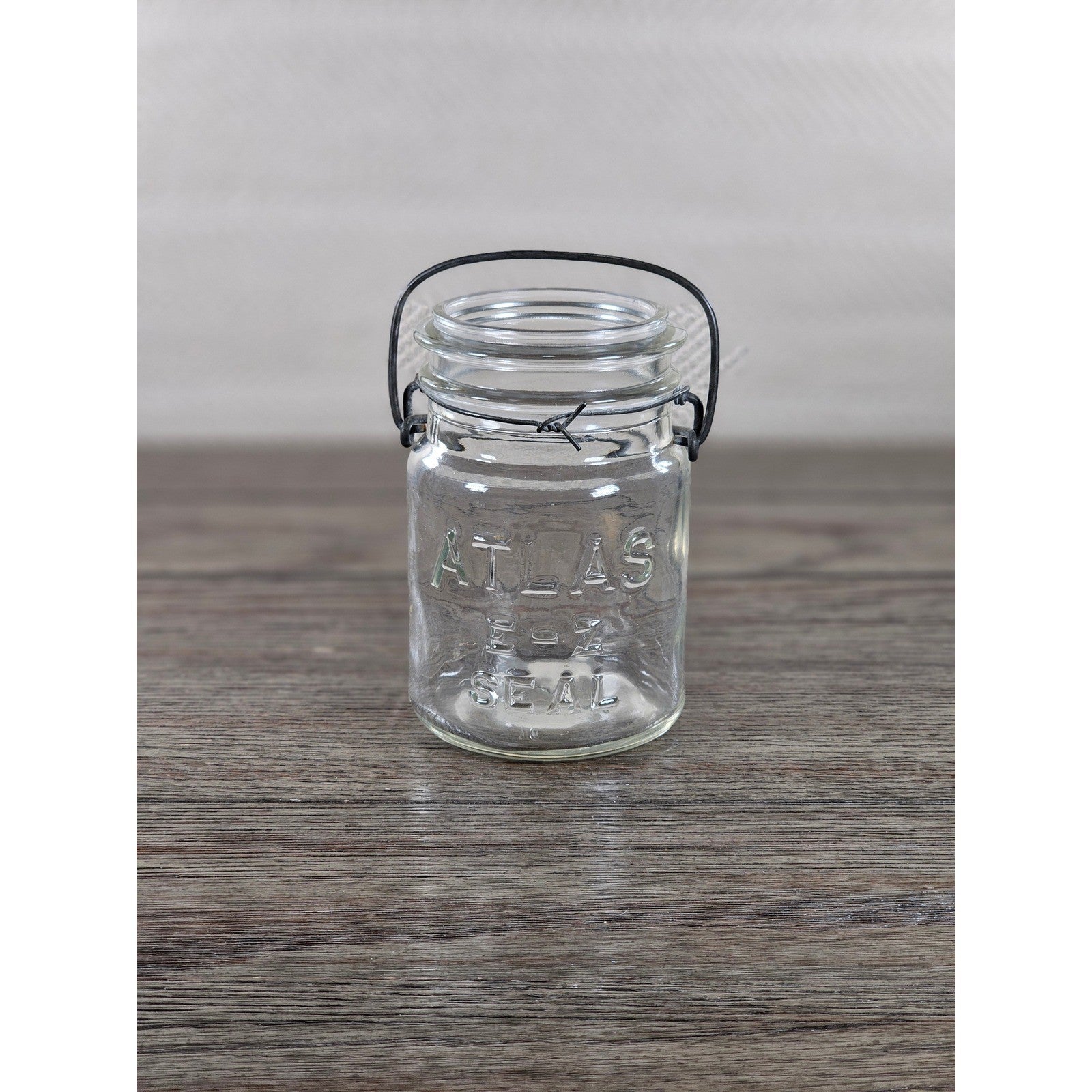 Vintage Atlas E-Z Seal Glass Jar Wire Bail Lid 5x3 Clear Embossed