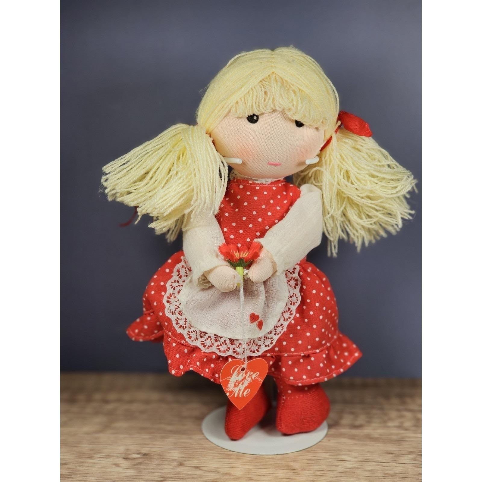 Vintage Rag Doll Red Polka Dot Dress Cloth Doll Heart Tag