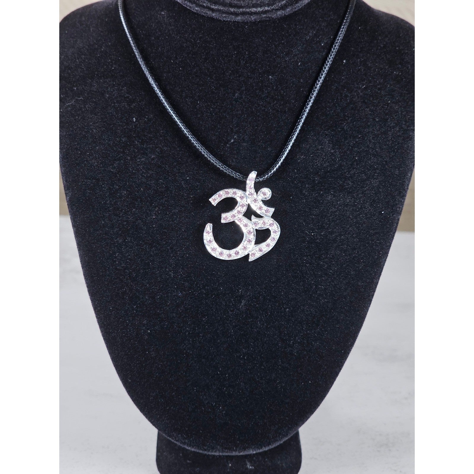 Vintage Sterling Silver Om Necklace Pink Crystal Pendant