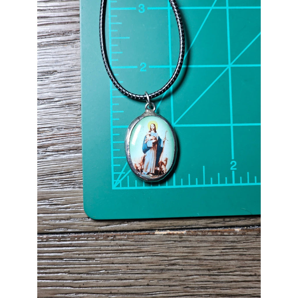 Vintage Madonna Pendant Necklace Blue Green Oval Religious Charm