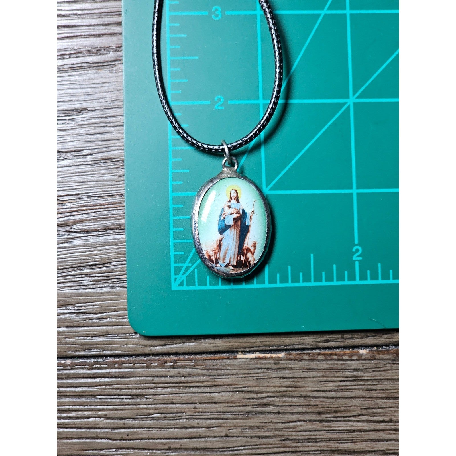 Vintage Madonna Pendant Necklace Blue Green Oval Religious Charm